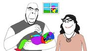 4soyjaks baby black_skin bottle bug closed_mouth clothes cuck deformed diaper family father full_body glasses hair holding_object mother necklace piss redraw smile soyjak stubble subvariant:gapejak_female subvariant:jacobson text trend:colorjak variant:a24_slowburn_soyjak variant:cobson variant:gapejak variant:soytan window // 3335x1805 // 327.0KB