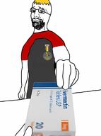 arm beard closed_mouth clothes communism glasses hand holding_object ivermectin nate smile soyjak text tranny variant:bartender yellow_hair // 1616x2172 // 178.0KB