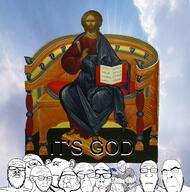 arm book brown_hair christianity closed_eyes closed_mouth foot gem god hand heaven holding_object its_over jesus kneel kneeling knight orthodox orthodox_church soyjak stubble subvariant:wholesome_soyjak text unibrow variant:a24_slowburn_soyjak variant:cobson variant:feraljak variant:gapejak variant:impish_soyak_ears variant:ishish_soyak_ears variant:markiplier_soyjak variant:nojak variant:soyak // 2589x2619 // 4.7MB
