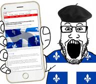 arm beret canada clothes country flag flag:quebec france glasses hand hat holding_object holding_phone iphone open_mouth phone quebec soyjak stubble subvariant:phoneplier subvariant:phoneplier_vertical text tshirt variant:markiplier_soyjak // 2160x1884 // 1.6MB