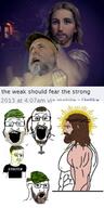 4soyjaks angry beard blue_eyes brown_hair buff cap closed_mouth clothes glasses grey_hair hammer hat jesus open_mouth pagan soyjak subvariant:science_lover varg varg_vikernes variant:chudjak variant:markiplier_soyjak variant:soyak yellow_hair // 607x1216 // 130.0KB