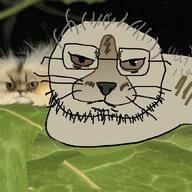ai_but_not_completely_ai_doe angry animal brown_sclera bug cat cat-erpillar caterpillar closed_mouth fur glasses green_background grumpy hair kitty leaf long stubble variant:catjak_(alternate) worm // 870x871 // 178.8KB