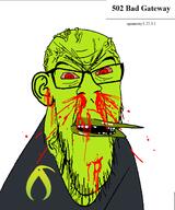 502 beak blood bloodshot_eyes clothes ear error glasses green_skin grey_shirt hair kiwifarms mustache mutt_lips open_mouth openresty rage seethe seething soyjak stubble subvariant:feralrage teeth text tshirt variant:feraljak // 1500x1800 // 145.8KB