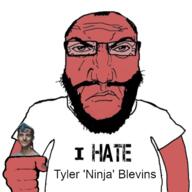 angry arm beard closed_mouth clothes glasses heart holding_object i_hate punisher_face red_skin soyjak subvariant:science_lover text tshirt tyler_ninja_blevins variant:markiplier_soyjak // 450x450 // 135.7KB