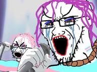 2soyjaks ack arm bloodshot_eyes clothes crying flag glasses hair hand hanging holding_object large_eyebrows lipstick makeup microphone open_mouth pink_hair purple_hair rope singing soyjak stretched_mouth stubble suicide suicide_pact tranny variant:cryboy_soyjak variant:soyak // 750x556 // 347.9KB