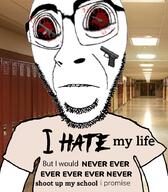 arm biting_lip clothes distorted frown glasses i_hate i_would_never large_eyes large_nose looking_at_you merge school_shooter soyjak stubble subvariant:hornyson subvariant:science_lover teeth text tshirt variant:cobson variant:markiplier_soyjak // 787x900 // 530.5KB