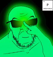 chemistry closed_mouth element glasses glowing green_skin hand phosphorus smile soyjak stubble sunglasses text variant:feraljak // 496x538 // 85.1KB