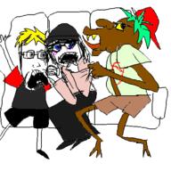 3soyjaks blue_eyes boyfriend_(friday_night_funkin') brimmiest_comments_section☣️☣️☣️_do_not_enter☣️☣️☣️ brown_skin cap clothes female fnf_pedo glasses green_hair grey_eyes hair hat jaundice nate oekaki scared seat soot_colors variant:soytan variant:unknown yellow_hair // 500x500 // 58.1KB