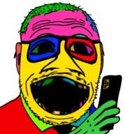 clothes colorful deformed ear glasses hair hand holding_object necktie phone soyjak stubble suit variant:unknown // 614x657 // 204.0KB