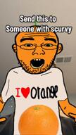 2soyjaks bag clothes food froot froot_(user) fruit glasses healthy irl open_mouth orange orange_(fruit) orange_skin soyjak stubble talking tshirt variant:feraljak variant:shirtjak video vitamin vitamin_c // 576x1024, 12.5s // 1.7MB