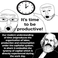artist:shitskintrannypedophilebraphog clock communism economics employee glasses karl_marx politics quote variant:two_pointing_soyjaks wagie // 1080x1080 // 118.2KB