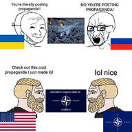 chad closed_mouth crying flag:nato flag:russia flag:ukraine flag:united_states gigachad mask nato open_mouth russia stubble text ukraine united_states variant:cryboy_soyjak variant:wojak yellow_hair // 1080x1080 // 222.2KB