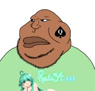 anime blacked brown_skin closed_mouth clothes fat green_hair obese queen_of_spades rule34 soyjak stubble text variant:meximutt // 888x849 // 146.1KB
