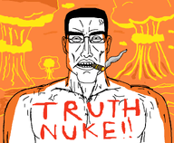 arm black_hair buff cigar ear english_text exclamation_mark explosion eyebrows front_facing glasses hair looking_at_you muscular_male mushroom_cloud neck nose orange orange_background red_text smoke smoking subvariant:perceptive_chud teeth text thick_eyebrows truth_nuke trvthnvke variant:chudjak vein // 1063x873 // 41.7KB
