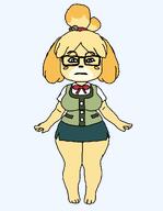 animal_crossing anthro bow bowtie closed_mouth dog dog_ears female full_body furry glasses green_shirt green_skirt isabelle neutral skirt subvariant:neutralplier variant:markiplier_soyjak white_shirt yellow_fur yellow_skin // 896x1152 // 26.3KB