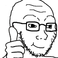 closed_mouth glasses hand smile soyjak stubble thumbs_up variant:soyak // 644x800 // 33.8KB