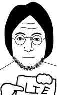 eyebrows forehead_lines glasses hair lie mouth_closed nose point sign soyjak stubble variant:lennonjak // 600x1000 // 21.3KB