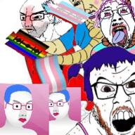 abby_choke acne animated balding beard blood bloodshot_eyes blue_hair glasses globohomo lgbt lipstick modern_art multiple_soyjaks open_mouth purple_hair razorblade spinning tranny variant:bernd variant:chudjak variant:feraljak // 240x240 // 366.9KB