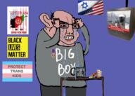 afghanistan amerimutt arm balding black_lives_matter bloodshot_eyes brown_skin clenched_teeth clothes country crying cup ear flag gigachad glasses hair hand israel leg meds soyjak taliban text tranny united_states variant:chudjak // 948x674 // 562.2KB