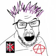 anarchism glasses hair mustache open_mouth soyjak stubble variant:feraljak // 1000x1000 // 534.5KB