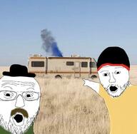 2soyjaks beanie breaking_bad bryan_cranston clothes fume glasses hat irl_background jesse_pinkman mustache pointing soyjak stubble variant:two_pointing_soyjaks walter_white // 750x734 // 66.2KB