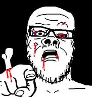 blood bloodshot_eyes bone glasses hand mustache pointing pointing_at_viewer sad soyjak stubble variant:a24_slowburn_soyjak // 463x489 // 18.7KB
