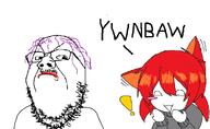 animal beard blush cat cat_ear closed_mouth exclamation_mark eyes geg kitty kitty_ears laughing makeup nose open_eyes open_mouth pink_hair red_lips sweater tama_(character) tranny trans variant:tama you_will_never_be_a_woman ywnbaw // 1534x940 // 588.5KB