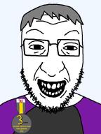 award badge clothes glasses grey_hair james purple_shirt smile soyjak soyteen stubble teeth variant:crimjak white_skin // 600x800 // 49.4KB