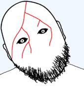 beard black_sclera blood blood_from_forehead blood_on_face creepy ear looking_at_you no_eyebrows no_mouth no_nose soyjak subvariant:bloodson transparent_background variant:billy white_pupils // 724x819 // 20.8KB