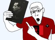 clothes cuckold ear eyebrows falangism forehead_wrinkles glasses hand holding_book holding_object looking_at_you nigger open_mouth pointing pointing_at_book pointing_at_object spanish stubble teeth variant:koolson // 1080x782 // 146.2KB