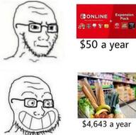 food glasses groceries meme nintendo nintendo_online nintendo_switch so_true soyjak stubble subscription subvariant:soyak_(irritated) text variant:soyak video_game // 720x711 // 438.9KB