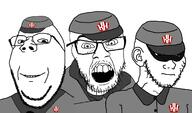 3soyjaks cap clothes ear glasses hat kolyma logo mustache no_eyebrows open_mouth sad smile soyjak stubble subvariant:wholesome_soyjak trooper variant:feraljak variant:gapejak variant:soyak // 1558x919 // 253.8KB