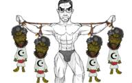 4soyjaks angry arabic_text arm bloodshot_eyes bomb brown_skin buff closed_eyes closed_mouth crescent crying dead deformed glasses hand hanging islam leg muscles nails open_mouth rope sandals smile smug star subvariant:chudjak_front suicide_bomber tongue tunic turban unibrow variant:bernd variant:chudjak yellow_teeth // 3800x2388 // 3.0MB