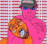 2soyjaks arm bloodshot_eyes blue_glasses buff choke_hold clothes crying doll_(user) facepaint flag flag:zoophilia_pride_flag glasses hair hand hat jubille_(user) meta:namefags meta:soybooru_admin_seca orange_skin pink_skin soybooru soyjak_party strangling stubble subvariant:pol_face teeth text tongue variant:bernd variant:chudjak // 1996x1844 // 138.1KB