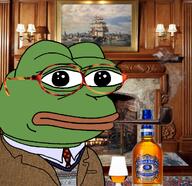alcohol amphibian chivas_regal closed_mouth clothes collared_shirt drink fair_isle fire fireplace frog glass glssses green_skin irl_background lamp lips nas:pepe necktie painting pepe pepe_the_frog pipe rug ship smoke smoking sport_coat study suit suit_and_tie sweater tortoise_glasses whiskey wooden_floor wooden_wall // 1241x1202 // 1.8MB