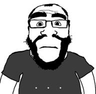 arm balding beard big_eyebrows closed_mouth clothes dot glasses grey_shirt looking_at_you neutral soyjak subvariant:science_lover thick_eyebrows torso variant:markiplier_soyjak // 800x789 // 15.6KB