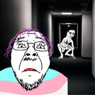 2soyjaks bloodshot_eyes clothes crying flag full_body glasses irl_background lord_of_the_rings mustache nazism open_mouth purple_hair soyjak stubble swastika tranny tshirt variant:bernd variant:chudjak // 1367x1377 // 960.3KB