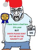 award christmas clothes crying full_body holding_object open_mouth santa_hat text variant:rupturejak // 828x1098 // 91.8KB