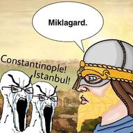 angry background bald beard blond blue_eyes constantinople crying empire eyebrows helmet history large_mouth medieval middle_ages nordic_chad open_mouth painting rome stubble text variant:soyak viking viking_helmet // 720x720 // 103.6KB