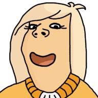 cartoon clothes coco_(ongezellig) eyelashes female hair makeup ongezellig open_mouth orange_skin smile soyjak subvariant:wholesome_soyjak variant:gapejak yellow_hair // 800x800 // 31.2KB