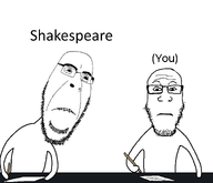 (you) 2soyjaks bald biting_lip closed_mouth glasses homework horny looking_down looking_to_the_right pencil shakespeare soyjak stubble subvariant:hornyson subvariant:neutralplier teeth variant:cobson variant:markiplier_soyjak white_background writing // 1750x1500 // 242.4KB