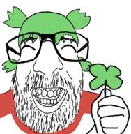 4chan ^_^ anime closed_eyes clothes clover glasses green_hair hair hand happy holding_object soyjak stubble variant:israeli_soyjak yotsoyba // 762x778 // 253.7KB