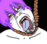 black_background bloodshot_eyes breakcore glasses hair hanging mu_(4chan) music open_mouth purple_hair rope sewerslvt soyjak stubble suicide tongue tranny variant:bernd // 768x719 // 65.3KB