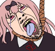 anime bloodshot_eyes bowtie chika_fujiwara clothes crying glasses hair hanging kaguya_sama_love_is_war long_hair mustache pink_hair rope soyjak stubble suicide tongue variant:bernd // 768x719 // 153.7KB