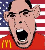 amerimutt brown_eyes brown_skin clothes country dean ear flag flag:united_states glasses mcdonalds open_mouth soyjak stubble united_states variant:cobson // 578x632 // 325.7KB