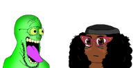 2soyjaks brown_skin confused emerald_(namefag) female femjak glasses green_skin horny lust meta:namefags neutral open_mouth purple_tongue stubble subvariant:soyniqua variant:soytan variant:zamnjak woman yellow_teeth // 1650x850 // 90.7KB