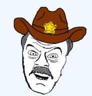 chitwood clothes cowboy_hat grey_hair hair hat mustache open_mouth sheriff soyjak variant:feraljak // 293x306 // 12.5KB