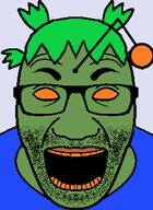 4chan anime blue_shirt glasses green_skin hair open_mouth orange_eyes pepe pepe_the_frog reddit stubble teeth variant:el_perro_rabioso yotsoyba // 247x338 // 13.0KB