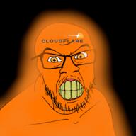 angry clenched_teeth cloudflare glasses glowing logo orange orange_eyes orange_skin soyjak stubble variant:feraljak yellow_teeth // 1000x1000 // 203.0KB
