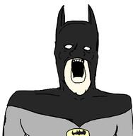 batman batman_(series) clothes dc_comics mask open_mouth soyjak variant:a24_slowburn_soyjak white_skin // 789x806 // 49.0KB